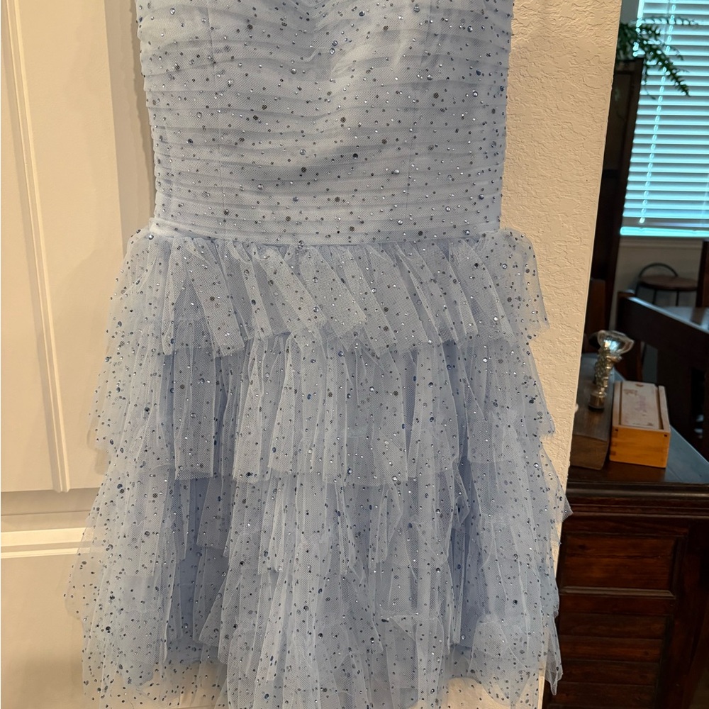 Windsor Light Blue Tulle Ruffle Dress with Sparkle